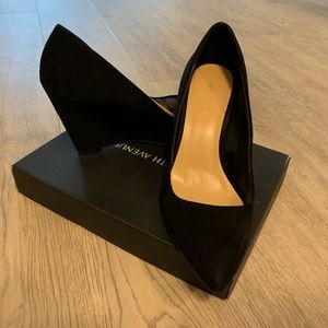 Saks Off Fifth Classic Black Suede Wedge Pumps